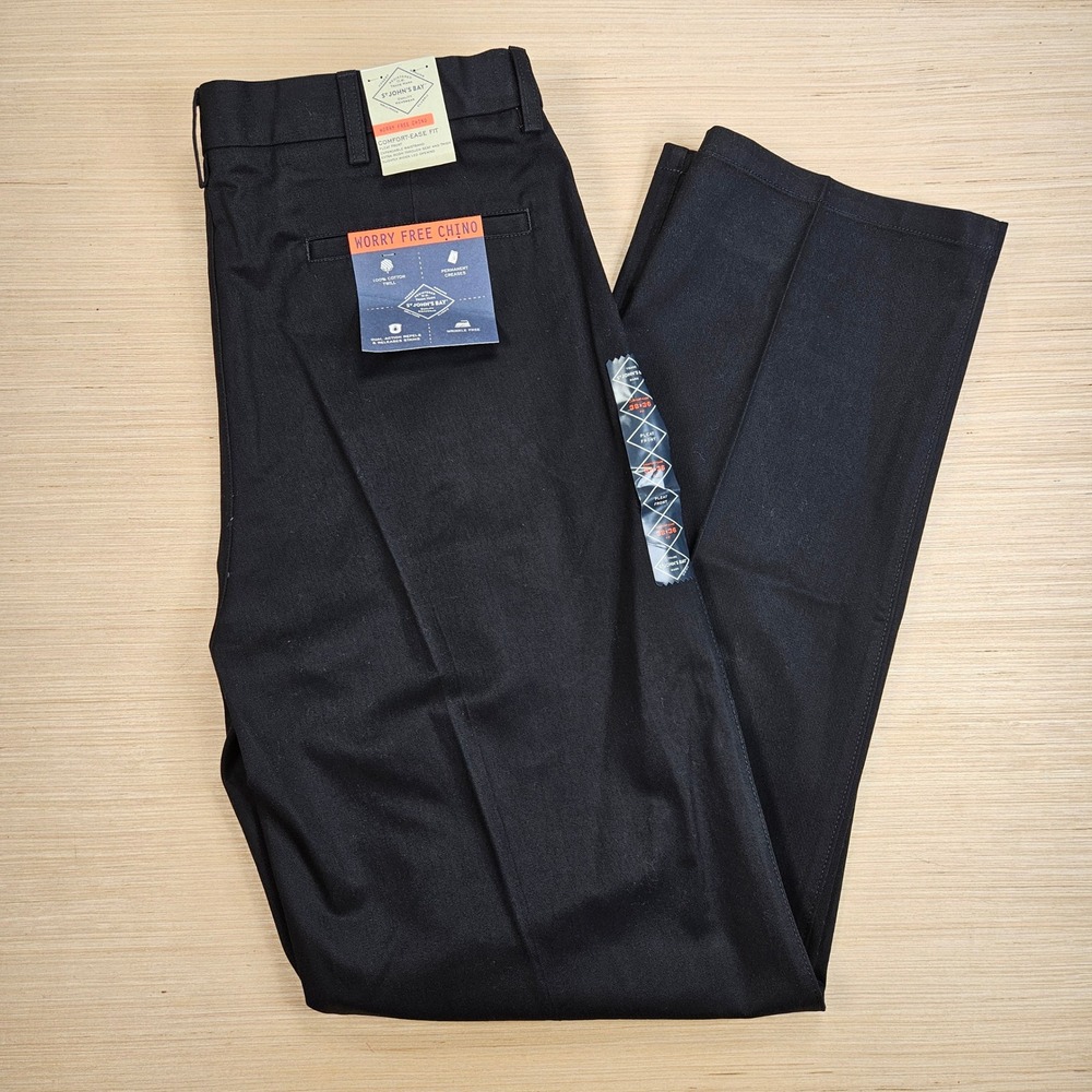 St. John's Bay Worry Free Chino Mens 38x36 Black Pleated Comfort Ease Fit NEW